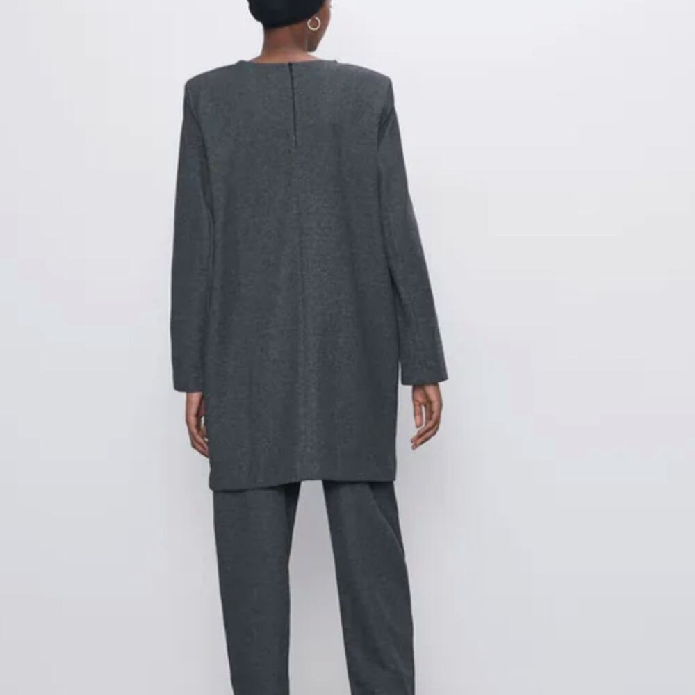 0446 NEW Zara Gray Round Neck Mini Dress Long Sleeve Shoulder Pads NWT - Picture 2 of 13